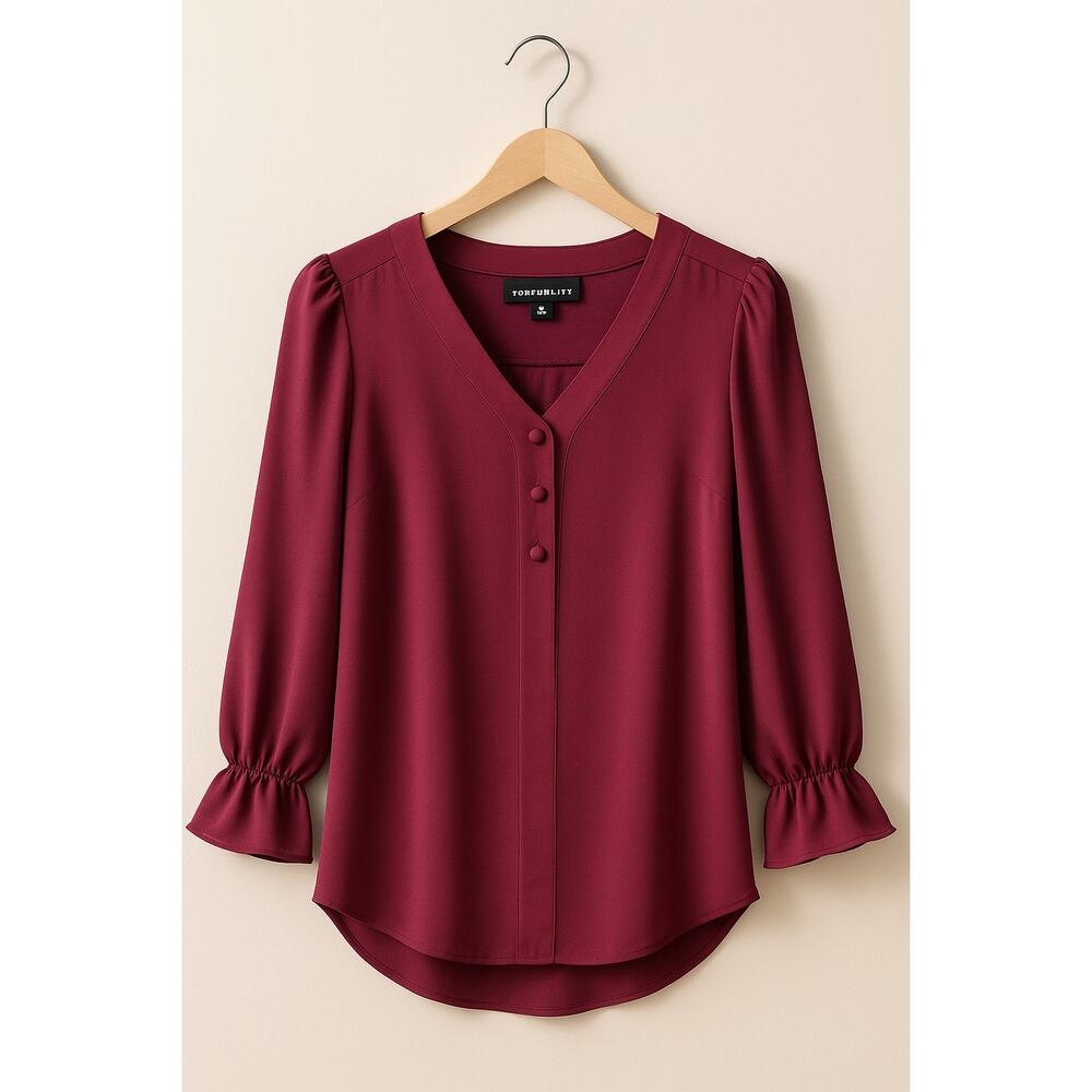 Fortune + Ivy Burgundy V-Neck Button Front Blouse , XS 3/4 Sleeve Ruffle Cuff
